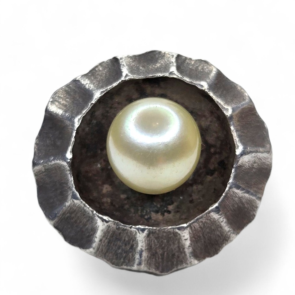 Artisan Pearl Ring Sterling Silver 925 Size 5.75 Silver Funky Brutalist Handmade